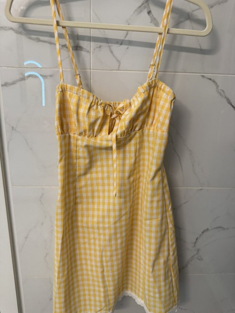 SHEIN Yellow Gingham Tie Front Lace Trim Mini Sundress Size XS